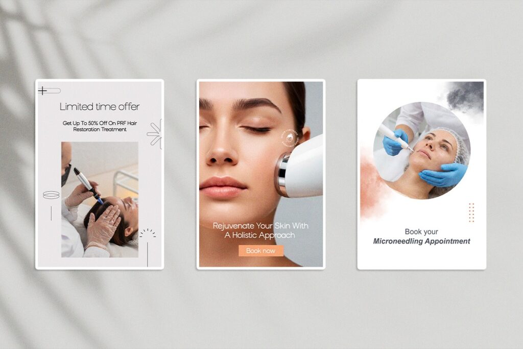 Automated Branded Stories: Turn Med Spa No-Shows into Instant Bookings with Zero Design Effort 4 Branded med spa promotional stories showing treatment offers designed to drive instant rebookings.